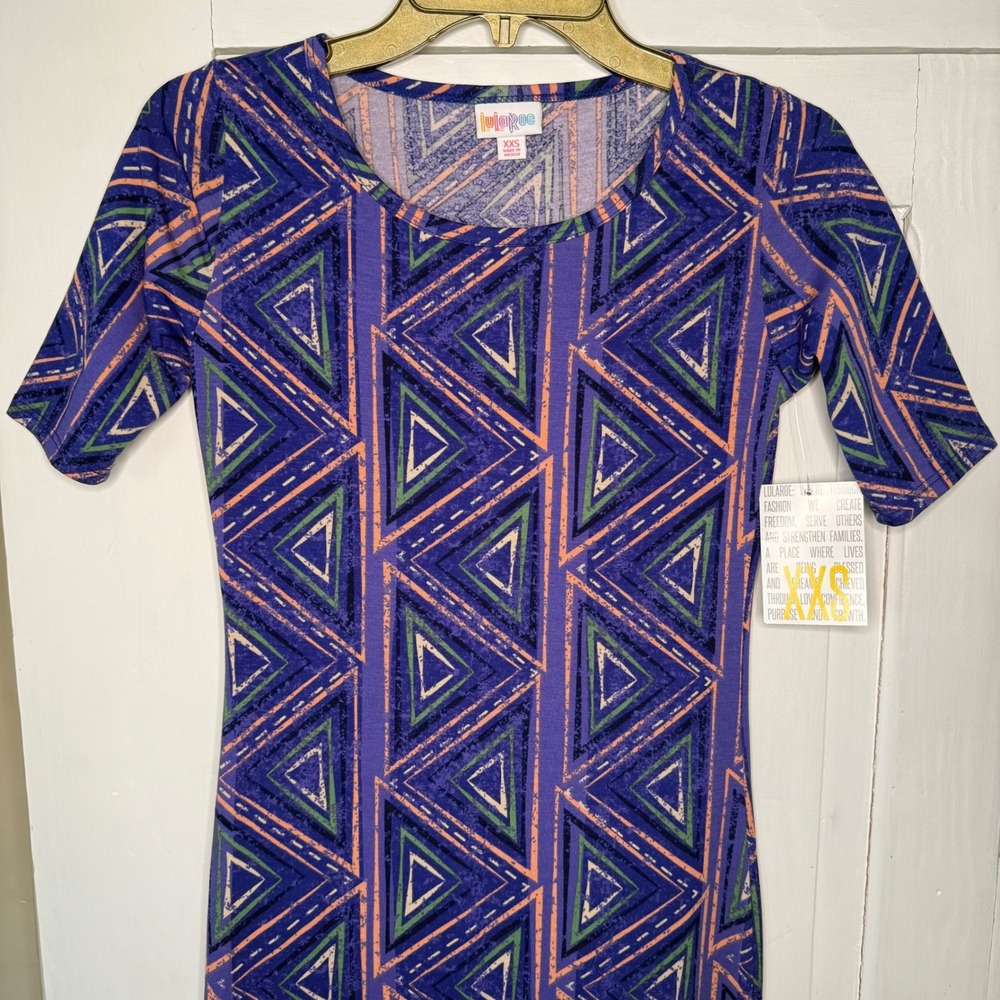 NEW LuLaRoe Julia Dress Purple Pink Green Geometric Sleeve Midi Size XXS NWT